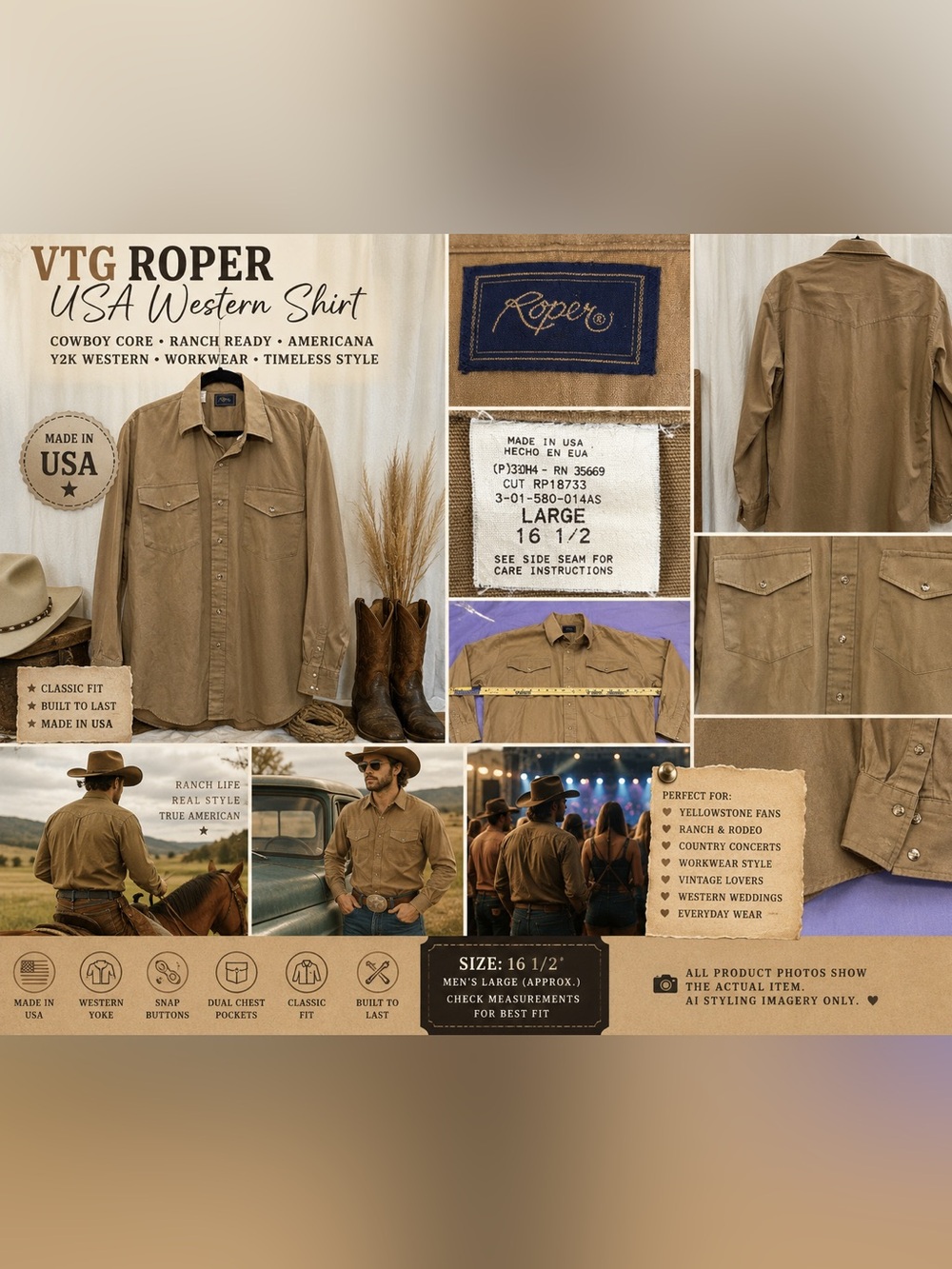 VTG 90s Roper USA Western Shirt    Saddle Brown Cowboy Ranch Workwear L EUC